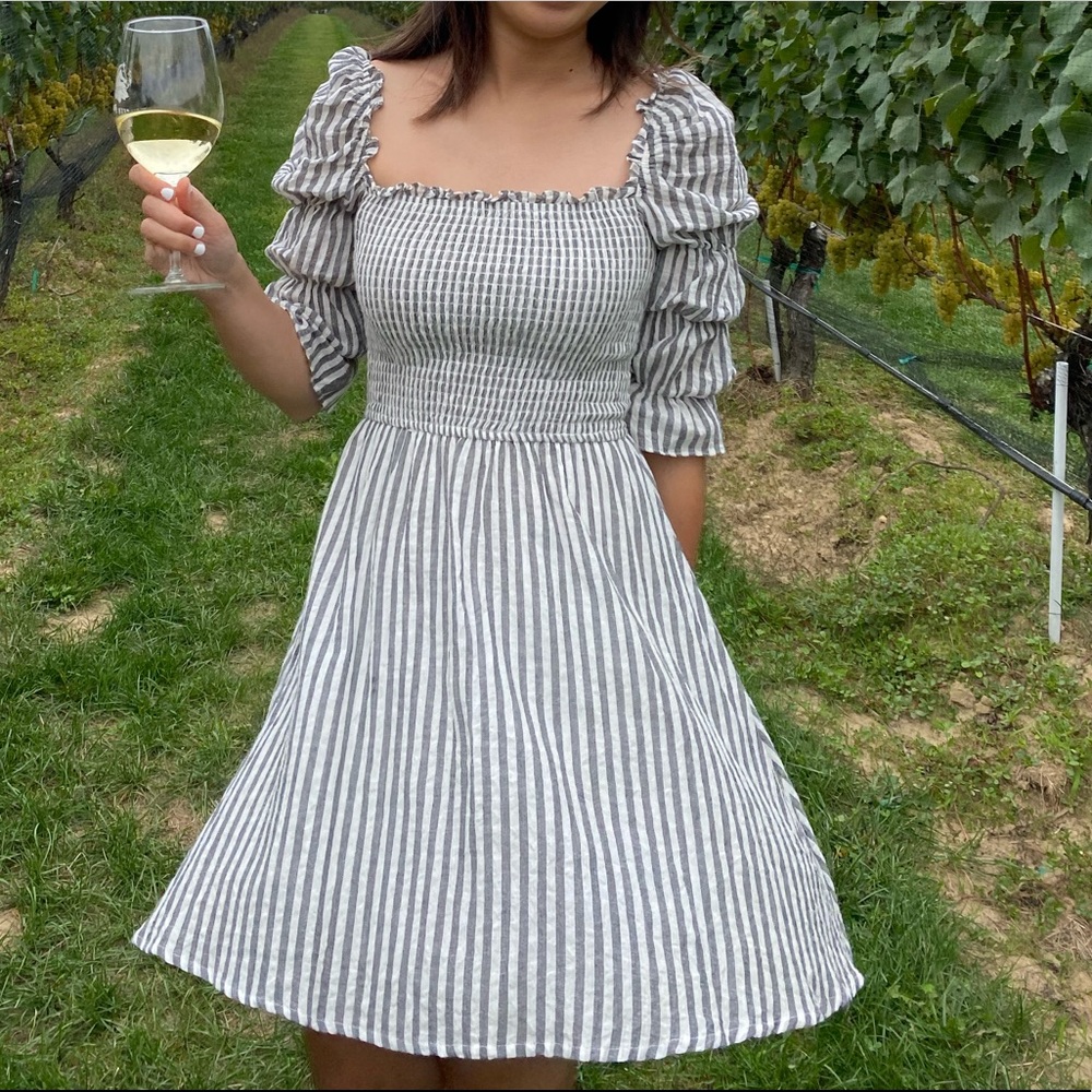 Aqua white & grey striped dress
